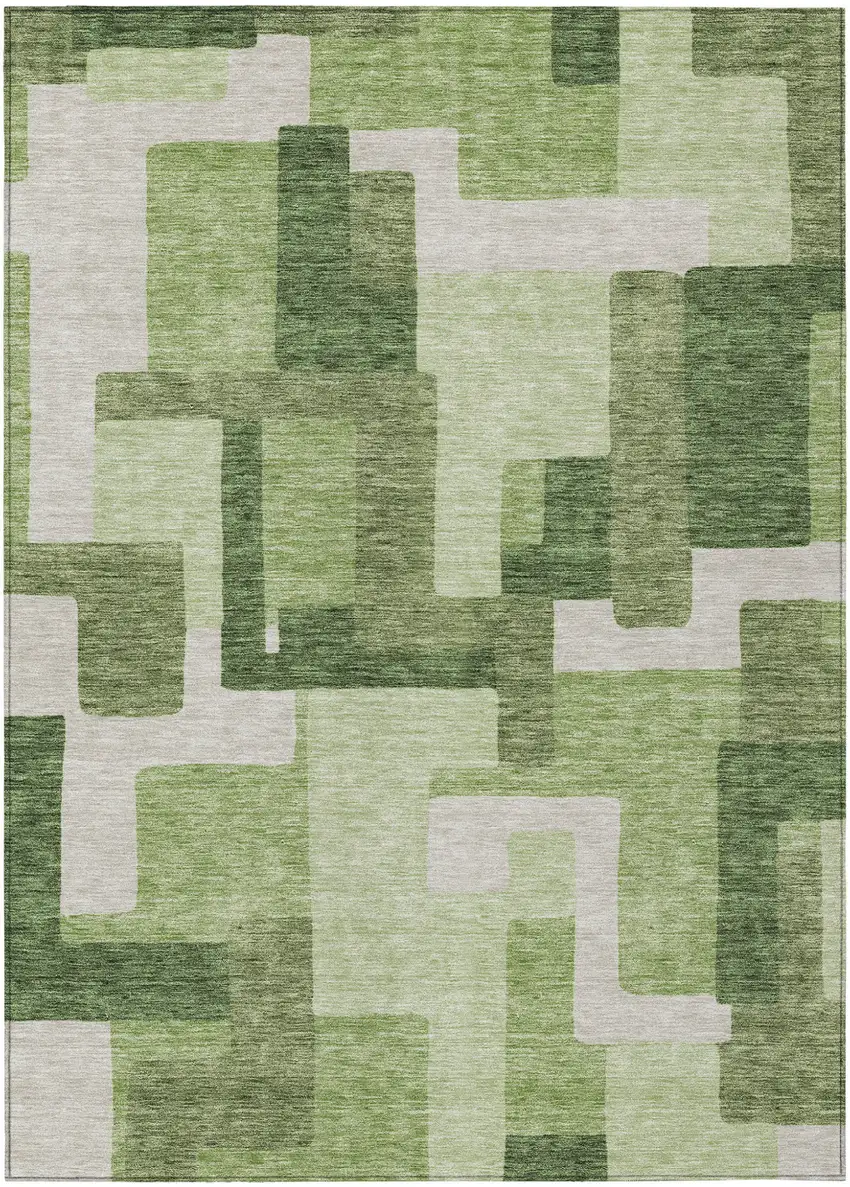 Artichoke Green And Ivory Abstract Washable Indoor Outdoor Area Rug Photo 1