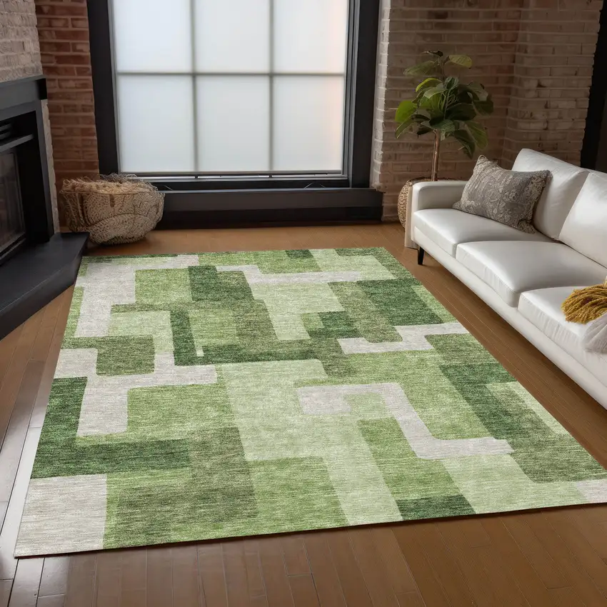 Artichoke Green And Ivory Abstract Washable Indoor Outdoor Area Rug Photo 9