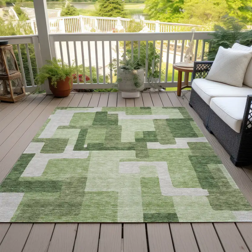 Artichoke Green And Ivory Abstract Washable Indoor Outdoor Area Rug Photo 7