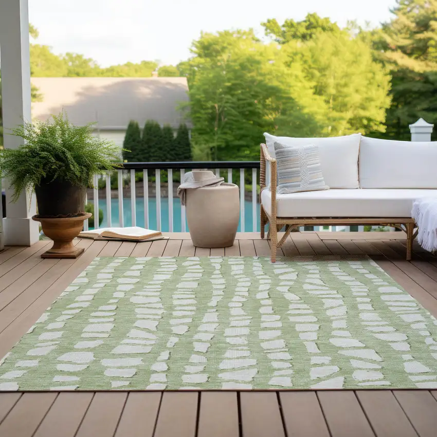 Artichoke Green And Ivory Abstract Washable Indoor Outdoor Area Rug Photo 9