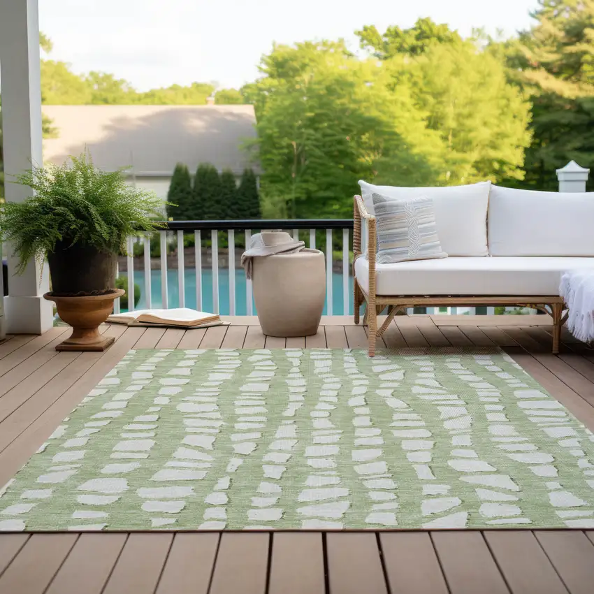 Artichoke Green And Ivory Abstract Washable Indoor Outdoor Area Rug Photo 9