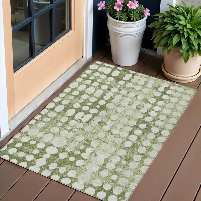 Artichoke Green And Ivory Abstract Washable Indoor Outdoor Area Rug Photo 1