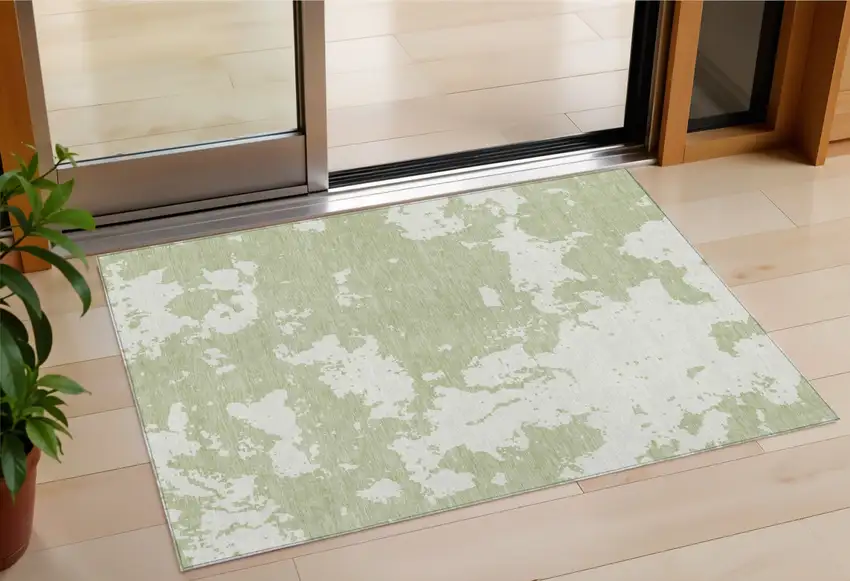 Artichoke Green And Ivory Abstract Washable Indoor Outdoor Area Rug Photo 1