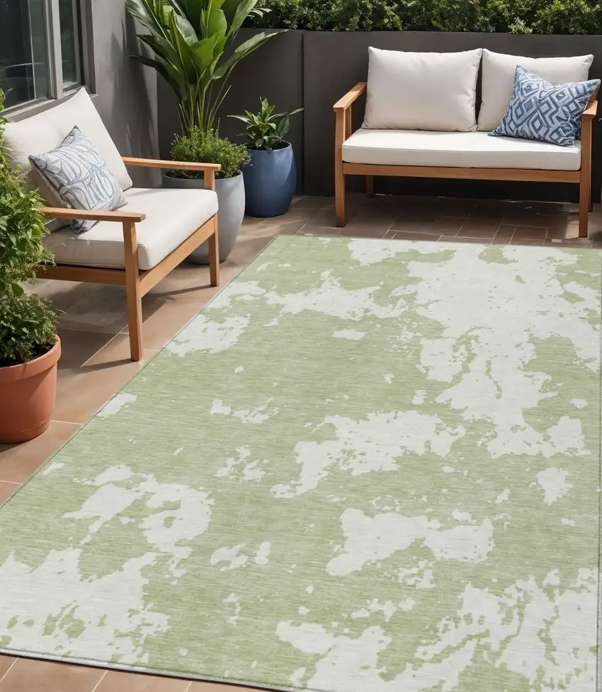 Artichoke Green And Ivory Abstract Washable Indoor Outdoor Area Rug Photo 1