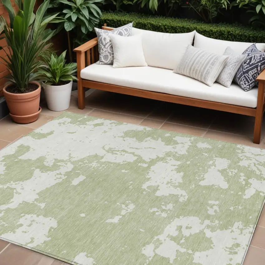 Artichoke Green And Ivory Abstract Washable Indoor Outdoor Area Rug Photo 1
