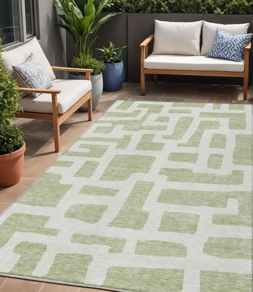 Artichoke Green And Ivory Abstract Washable Indoor Outdoor Area Rug Photo 1
