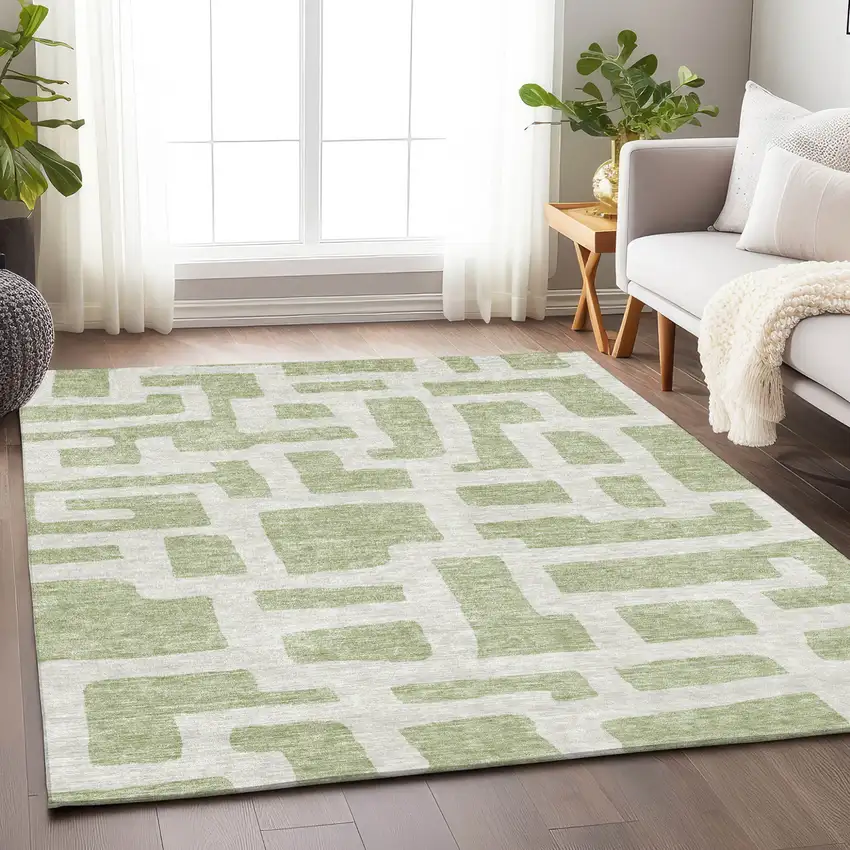 Artichoke Green And Ivory Abstract Washable Indoor Outdoor Area Rug Photo 9