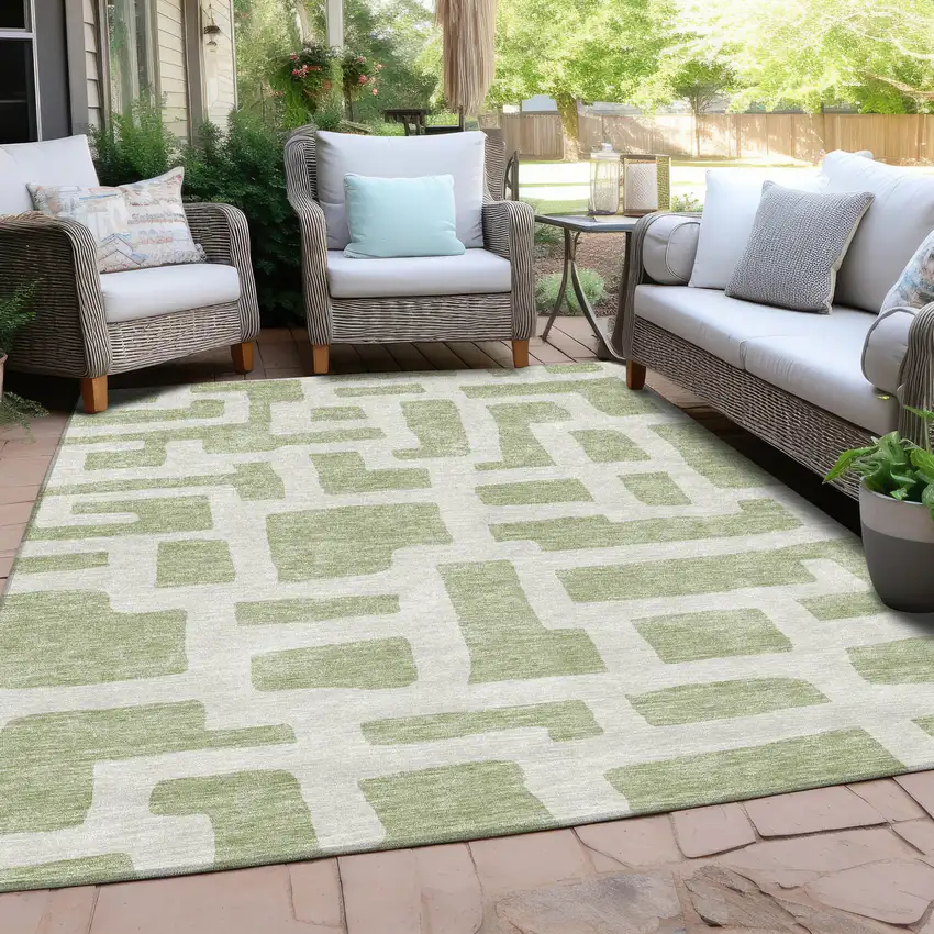 Artichoke Green And Ivory Abstract Washable Indoor Outdoor Area Rug Photo 8
