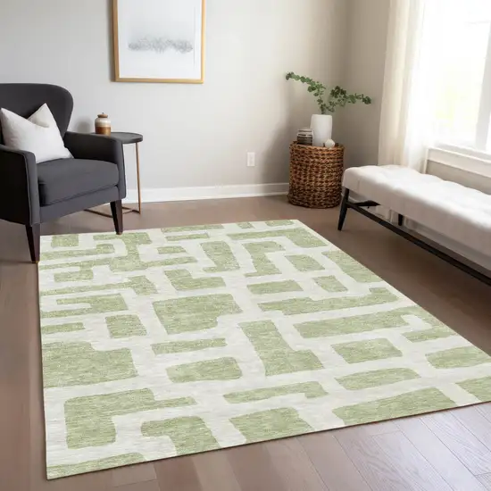 Artichoke Green And Ivory Abstract Washable Indoor Outdoor Area Rug Photo 9