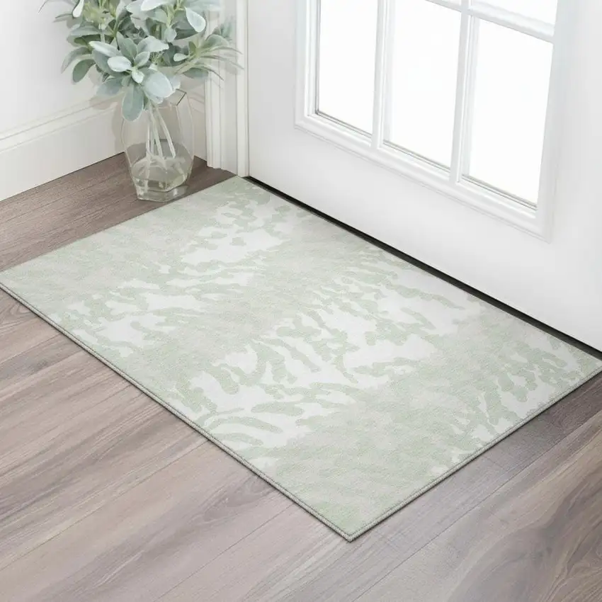 Artichoke Green And Ivory Animal Print Washable Area Rug With UV Protection Photo 2