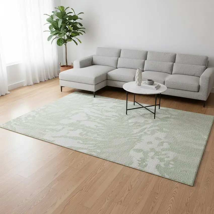 Artichoke Green And Ivory Animal Print Washable Area Rug With UV Protection Photo 2