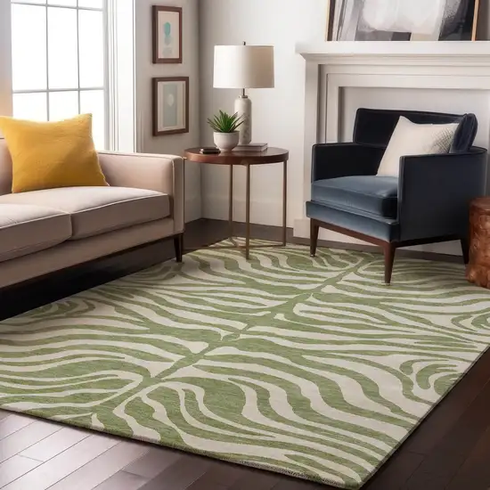 Artichoke Green And Ivory Animal Print Washable Area Rug With UV Protection Photo 4