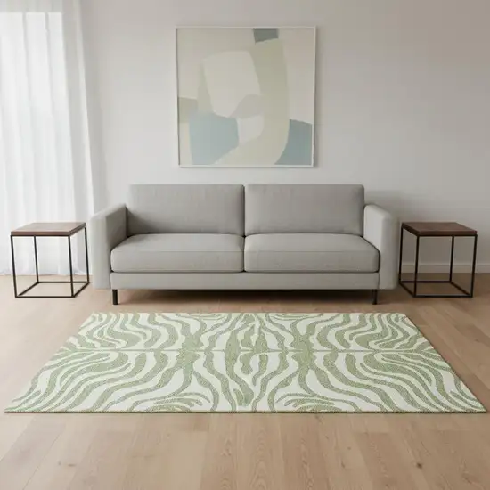 Artichoke Green And Ivory Animal Print Washable Area Rug With UV Protection Photo 2