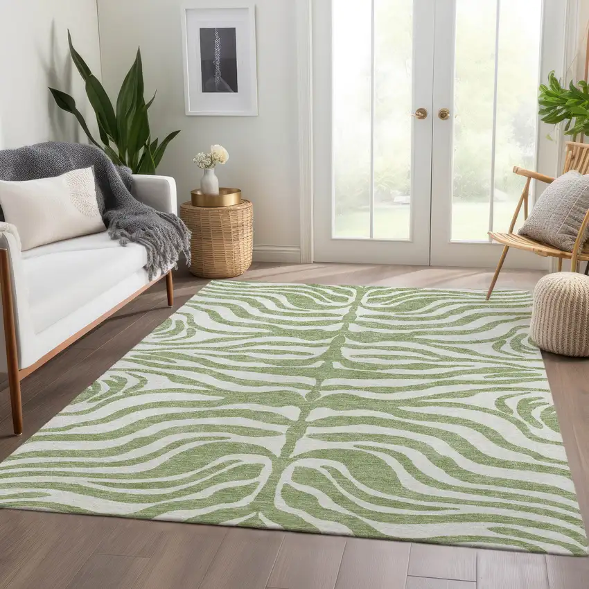 Artichoke Green And Ivory Animal Print Washable Area Rug With UV Protection Photo 5