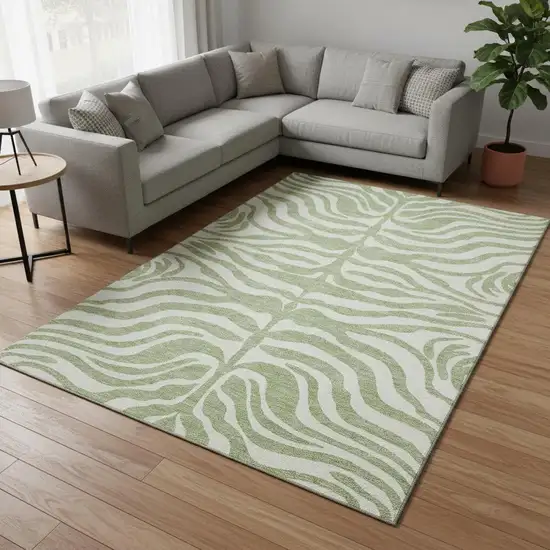 Artichoke Green And Ivory Animal Print Washable Area Rug With UV Protection Photo 2