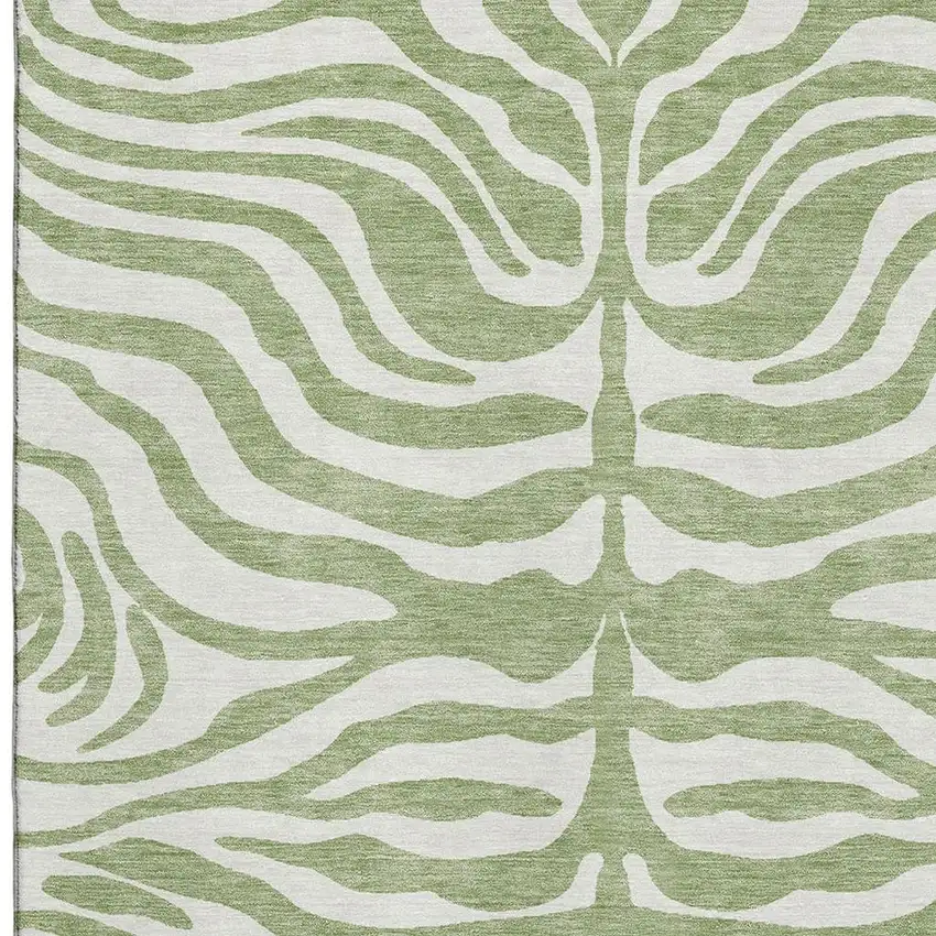 Artichoke Green And Ivory Animal Print Washable Area Rug With UV Protection Photo 2