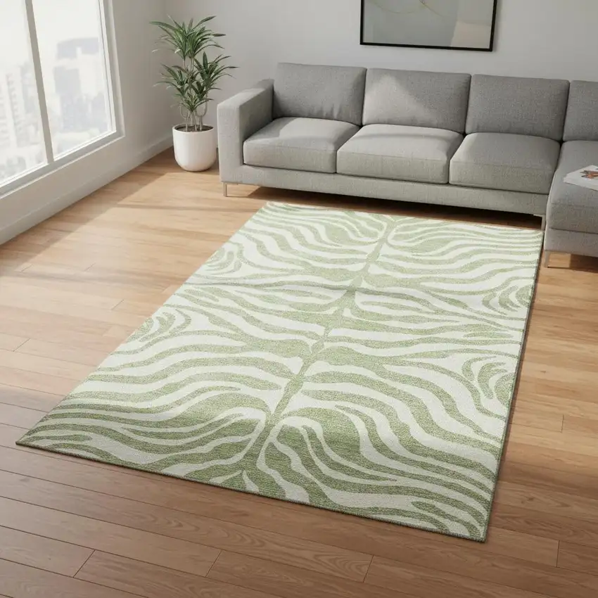 Artichoke Green And Ivory Animal Print Washable Area Rug With UV Protection Photo 2
