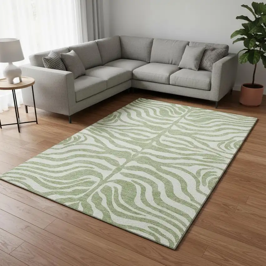 Artichoke Green And Ivory Animal Print Washable Area Rug With UV Protection Photo 2