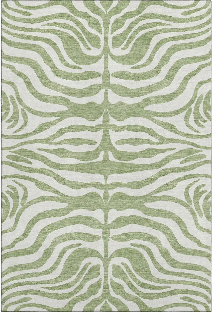 Artichoke Green And Ivory Animal Print Washable Area Rug With UV Protection Photo 1