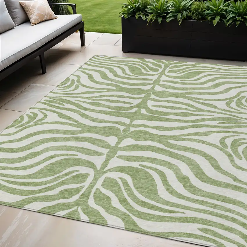 Artichoke Green And Ivory Animal Print Washable Indoor Outdoor Area Rug Photo 1