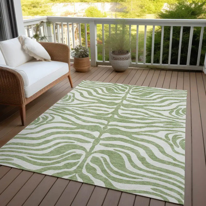 Artichoke Green And Ivory Animal Print Washable Indoor Outdoor Area Rug Photo 7