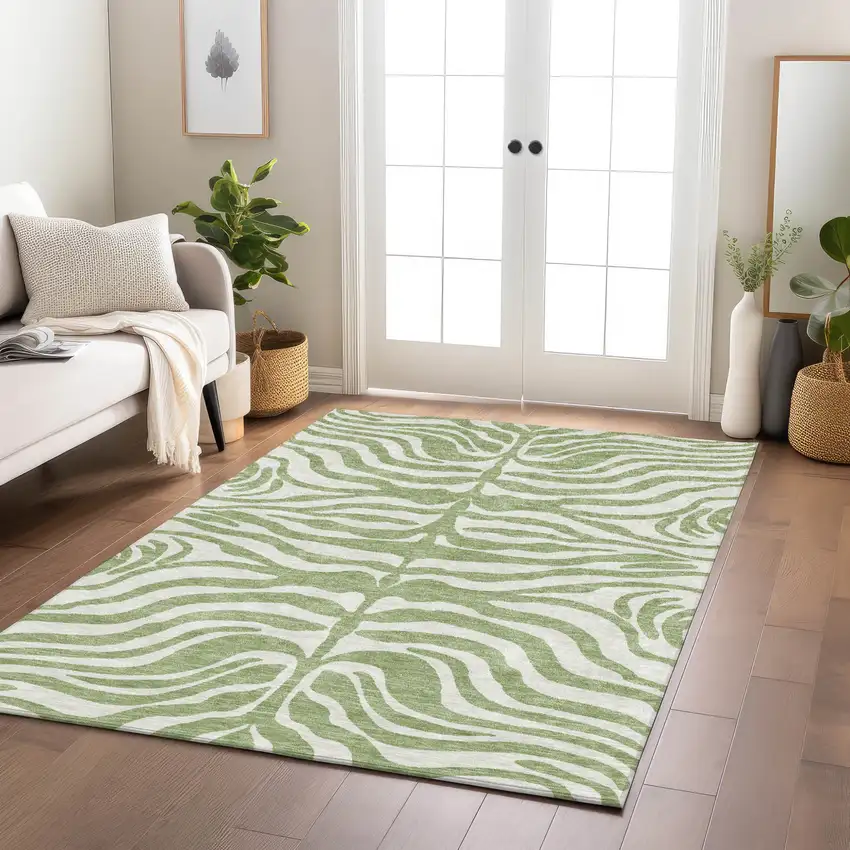 Artichoke Green And Ivory Animal Print Washable Indoor Outdoor Area Rug Photo 9