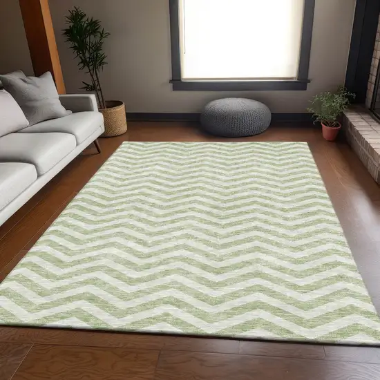 Artichoke Green And Ivory Chevron Washable Area Rug With UV Protection Photo 6