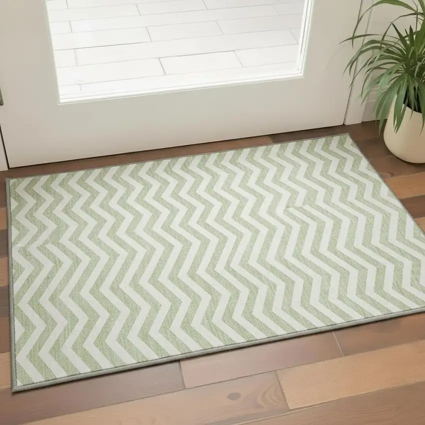 Artichoke Green And Ivory Chevron Washable Area Rug With UV Protection Photo 2