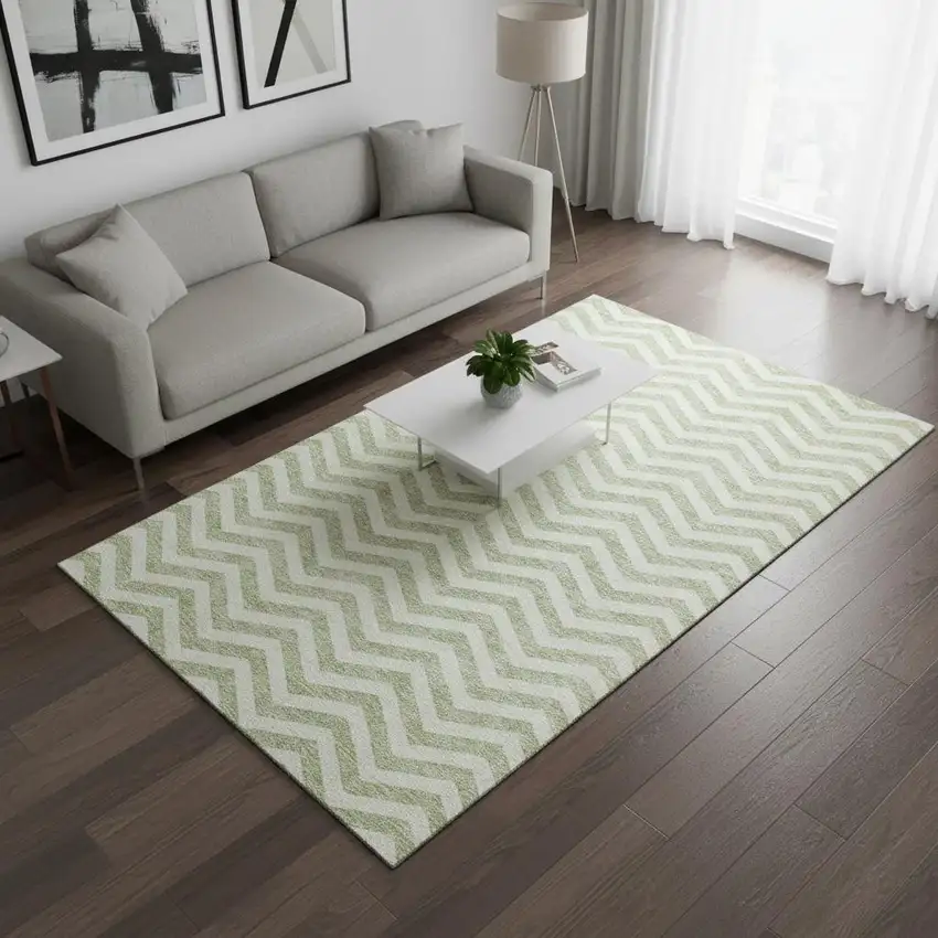 Artichoke Green And Ivory Chevron Washable Area Rug With UV Protection Photo 2