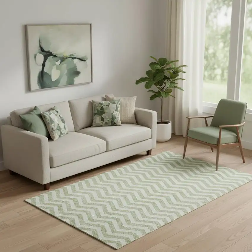 Artichoke Green And Ivory Chevron Washable Area Rug With UV Protection Photo 1