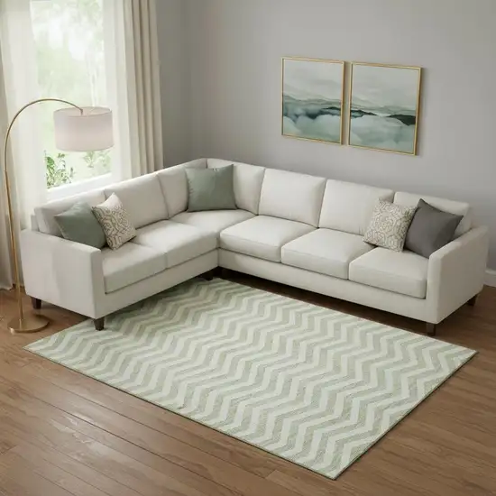 Artichoke Green And Ivory Chevron Washable Area Rug With UV Protection Photo 1
