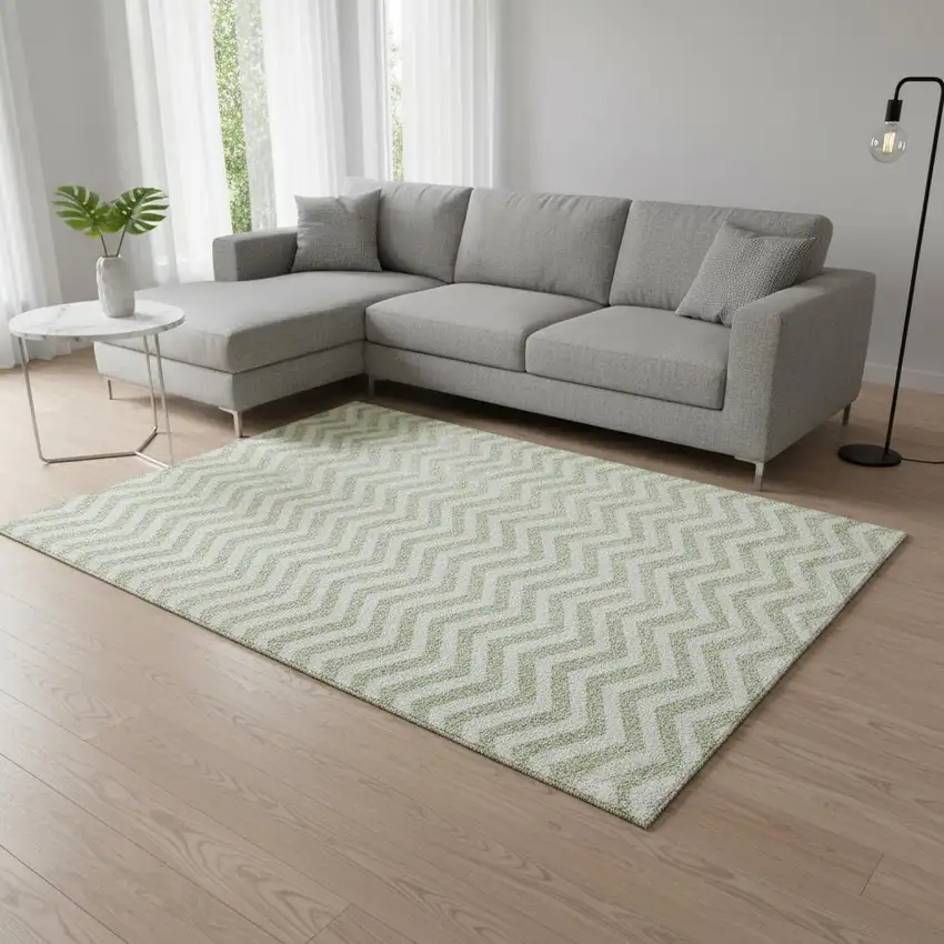 Artichoke Green And Ivory Chevron Washable Area Rug With UV Protection Photo 2