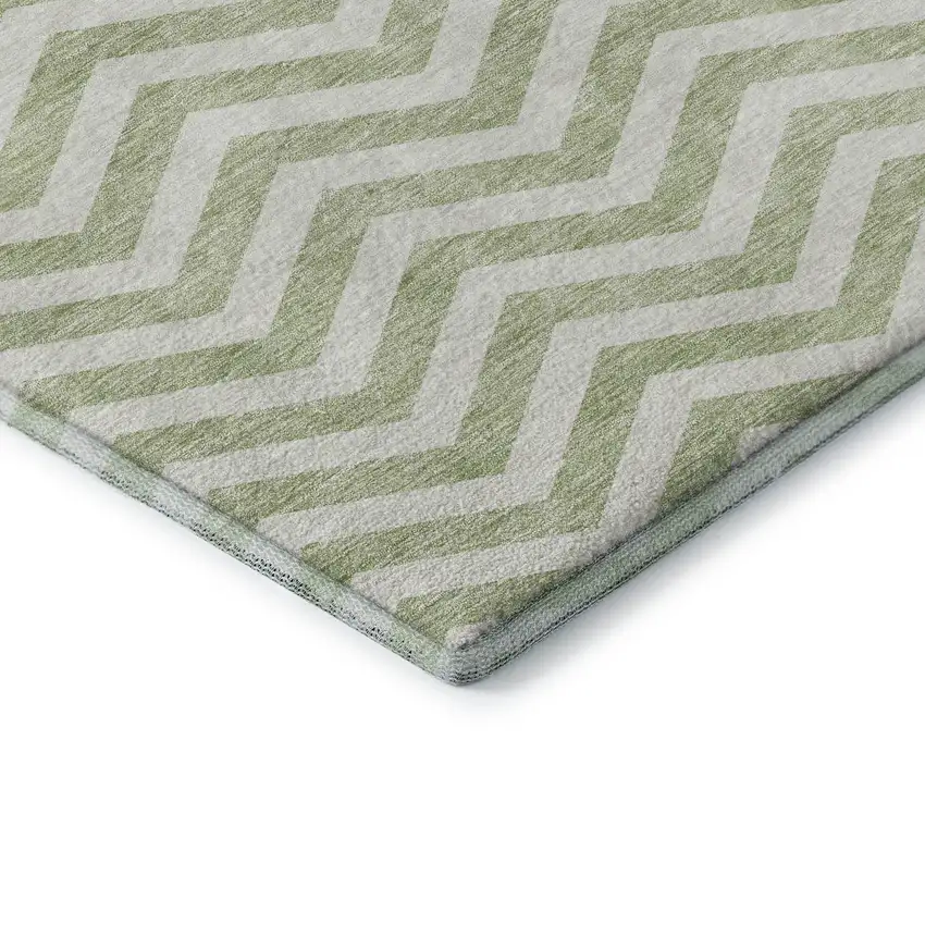 Artichoke Green And Ivory Chevron Washable Area Rug With UV Protection Photo 8