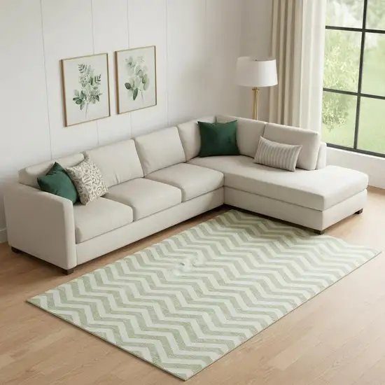 Artichoke Green And Ivory Chevron Washable Area Rug With UV Protection Photo 1