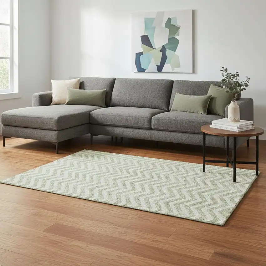 Artichoke Green And Ivory Chevron Washable Area Rug With UV Protection Photo 2