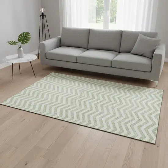 Artichoke Green And Ivory Chevron Washable Area Rug With UV Protection Photo 2