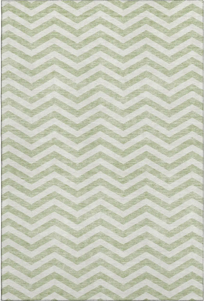 Artichoke Green And Ivory Chevron Washable Area Rug With UV Protection Photo 1