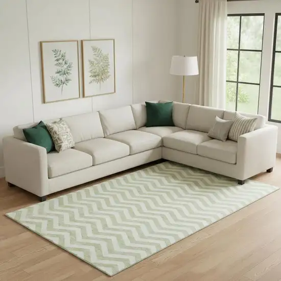 Artichoke Green And Ivory Chevron Washable Area Rug With UV Protection Photo 1