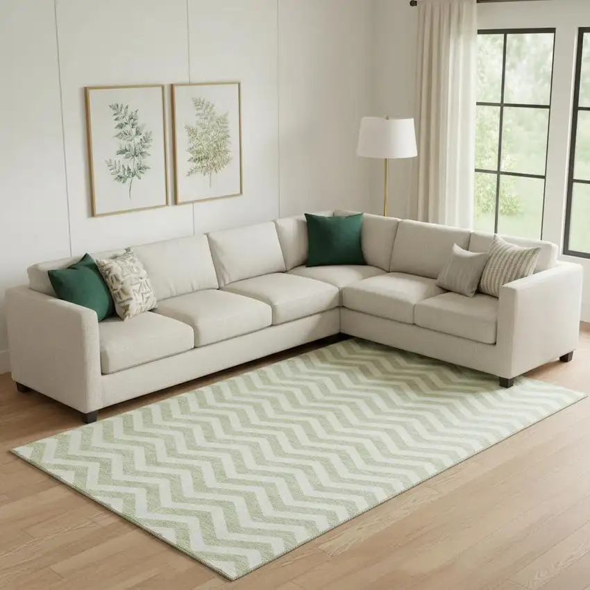 Artichoke Green And Ivory Chevron Washable Area Rug With UV Protection Photo 1