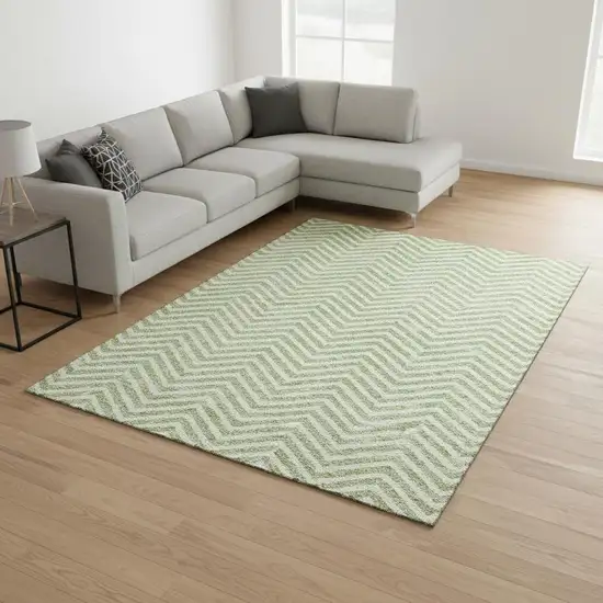 Artichoke Green And Ivory Chevron Washable Area Rug With UV Protection Photo 2