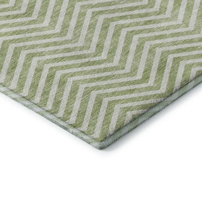 Artichoke Green And Ivory Chevron Washable Area Rug With UV Protection Photo 7