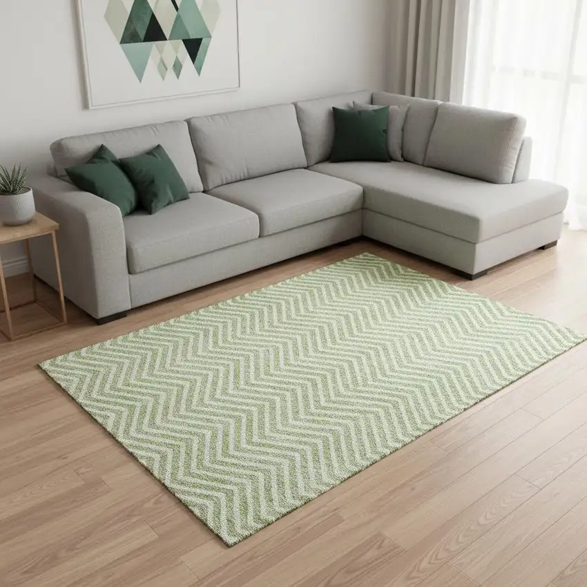Artichoke Green And Ivory Chevron Washable Area Rug With UV Protection Photo 2