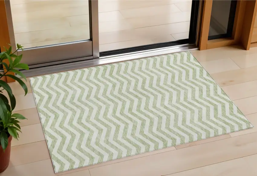 Artichoke Green And Ivory Chevron Washable Indoor Outdoor Area Rug Photo 1
