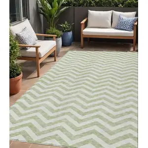Photo of Artichoke Green And Ivory Chevron Washable Indoor Outdoor Area Rug
