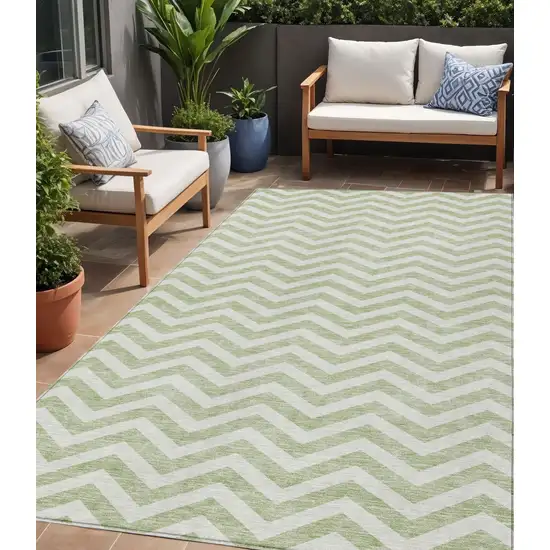 Artichoke Green And Ivory Chevron Washable Indoor Outdoor Area Rug Photo 1