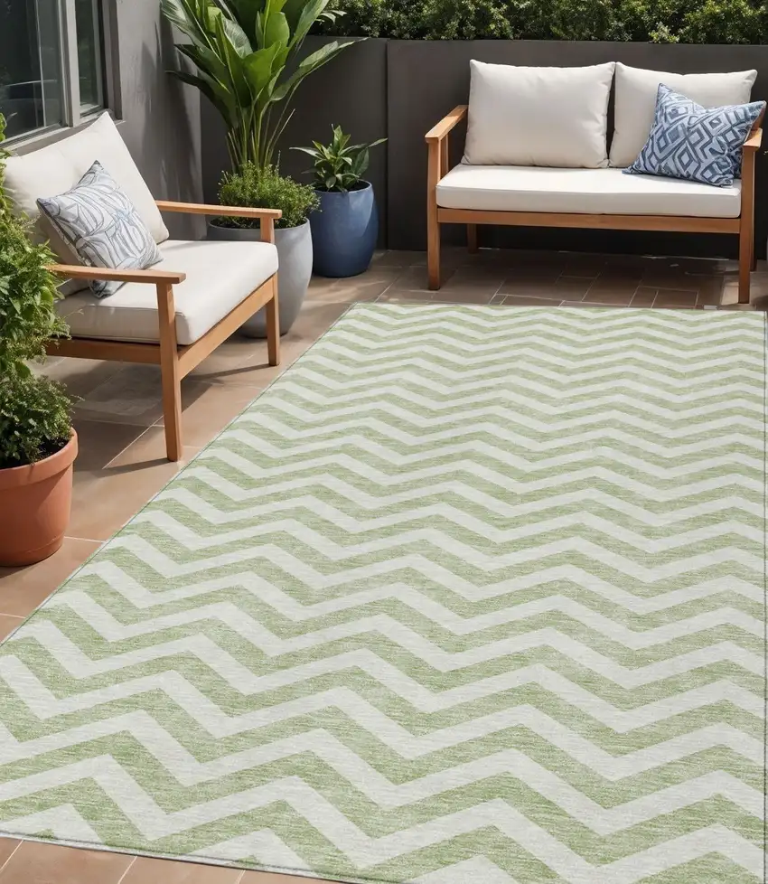 Artichoke Green And Ivory Chevron Washable Indoor Outdoor Area Rug Photo 1
