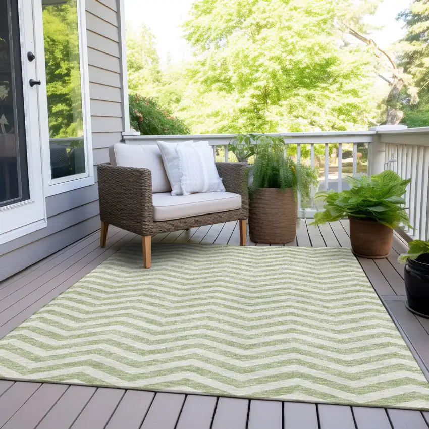 Artichoke Green And Ivory Chevron Washable Indoor Outdoor Area Rug Photo 8