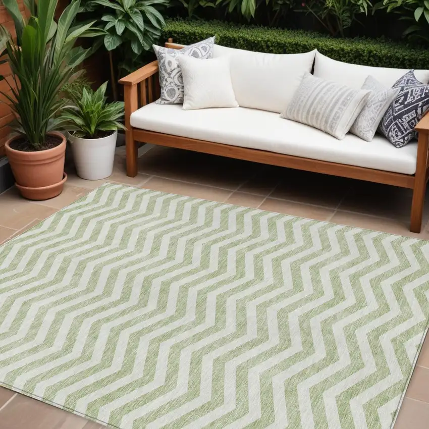 Artichoke Green And Ivory Chevron Washable Indoor Outdoor Area Rug Photo 1