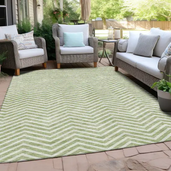 Artichoke Green And Ivory Chevron Washable Indoor Outdoor Area Rug Photo 8