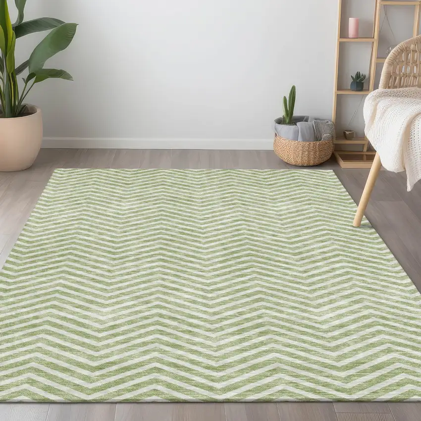 Artichoke Green And Ivory Chevron Washable Indoor Outdoor Area Rug Photo 9